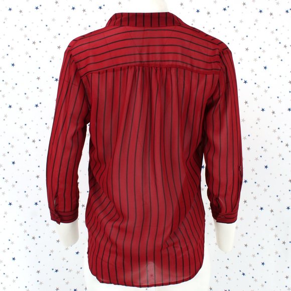 3/4 Sleeve Sheer Stripe Blouse Top Burgundy - Picture 6 of 7